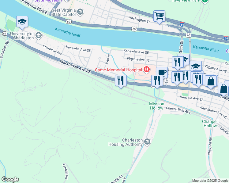 map of restaurants, bars, coffee shops, grocery stores, and more near 2927 Chesterfield Avenue in Charleston