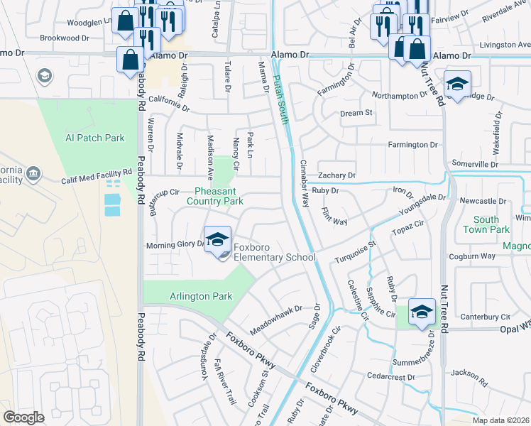 map of restaurants, bars, coffee shops, grocery stores, and more near 585 Countryside Drive in Vacaville