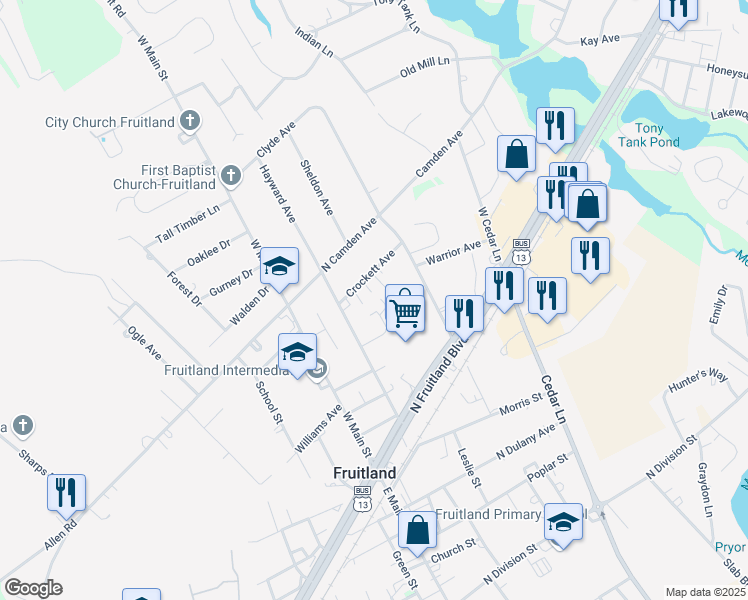 map of restaurants, bars, coffee shops, grocery stores, and more near 111 Linda Drive in Fruitland