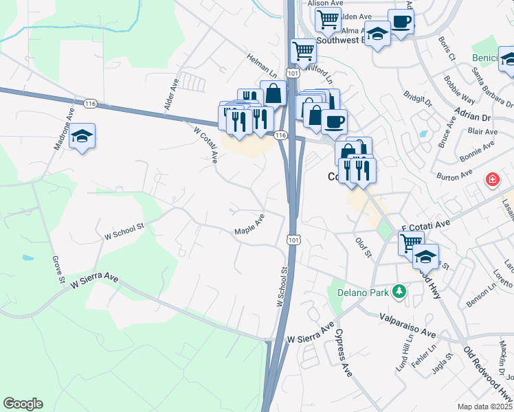 map of restaurants, bars, coffee shops, grocery stores, and more near 450 West Cotati Avenue in Cotati