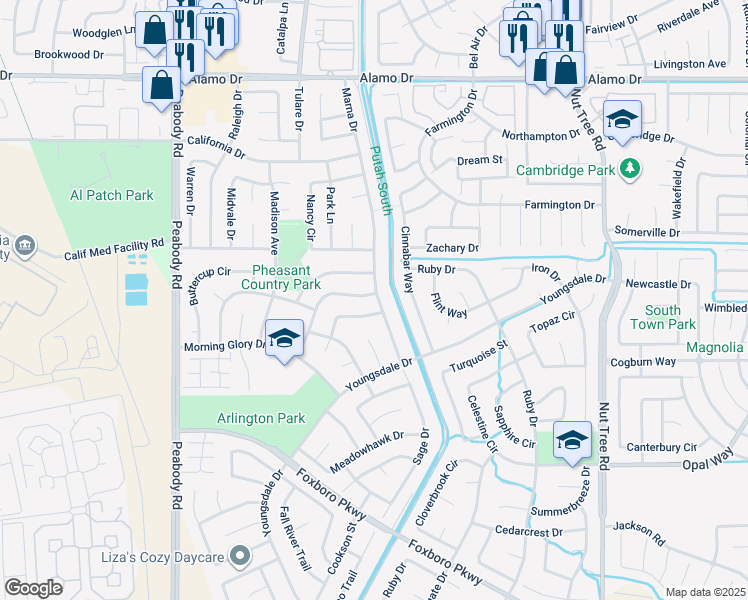 map of restaurants, bars, coffee shops, grocery stores, and more near 627 Countryside Drive in Vacaville