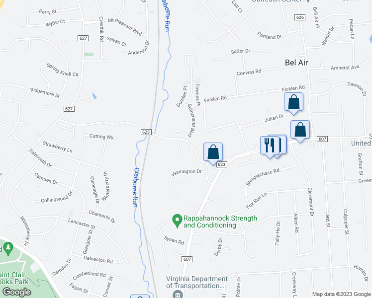 map of restaurants, bars, coffee shops, grocery stores, and more near 136 Harrell Road in Fredericksburg