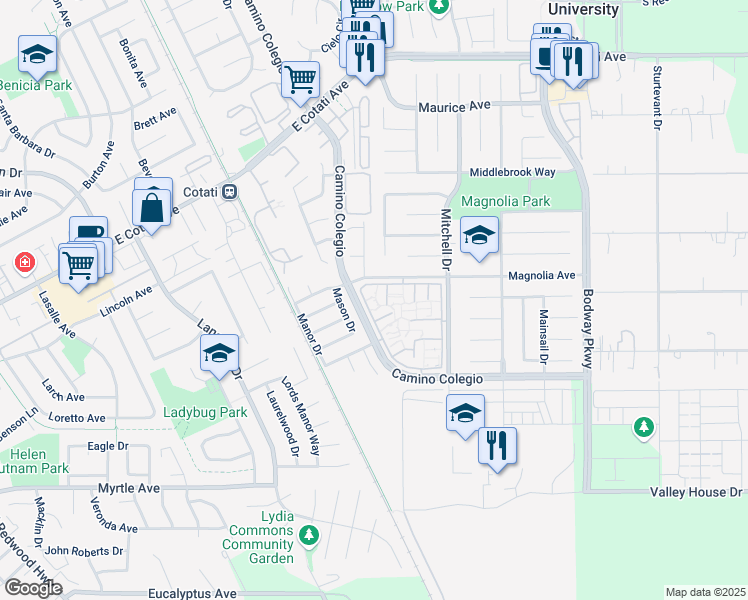 map of restaurants, bars, coffee shops, grocery stores, and more near 8201 Camino Colegio in Rohnert Park