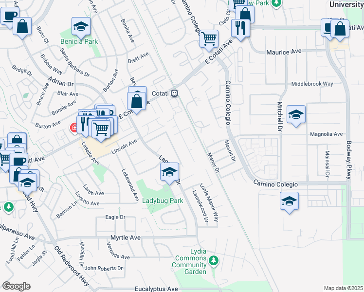 map of restaurants, bars, coffee shops, grocery stores, and more near 6925 Santero Way in Cotati