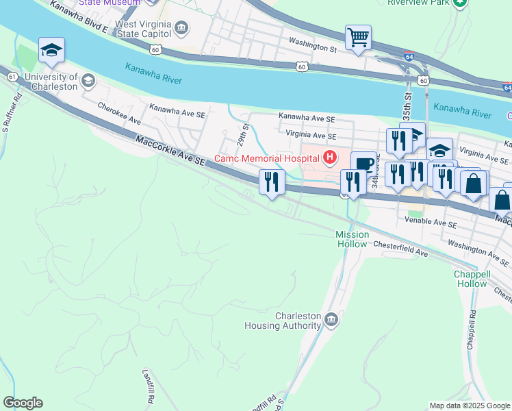 map of restaurants, bars, coffee shops, grocery stores, and more near 2927 Chesterfield Avenue in Charleston