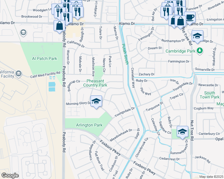 map of restaurants, bars, coffee shops, grocery stores, and more near 585 Countryside Drive in Vacaville