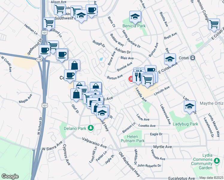 map of restaurants, bars, coffee shops, grocery stores, and more near 413 Matteri Circle in Cotati