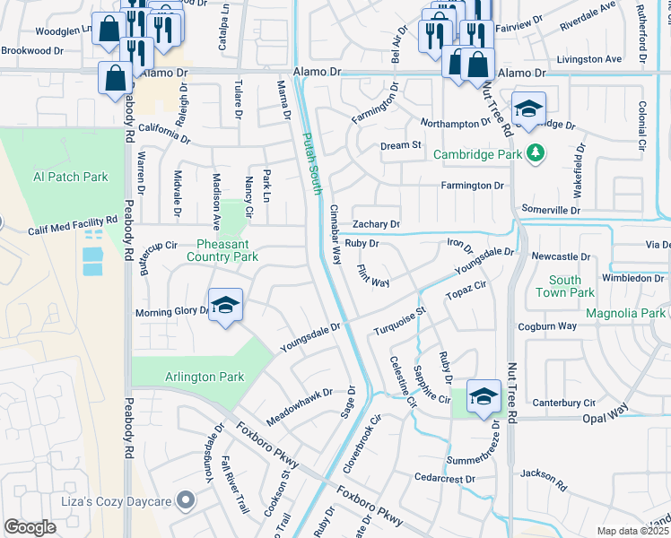map of restaurants, bars, coffee shops, grocery stores, and more near 1066 Cinnabar Way in Vacaville