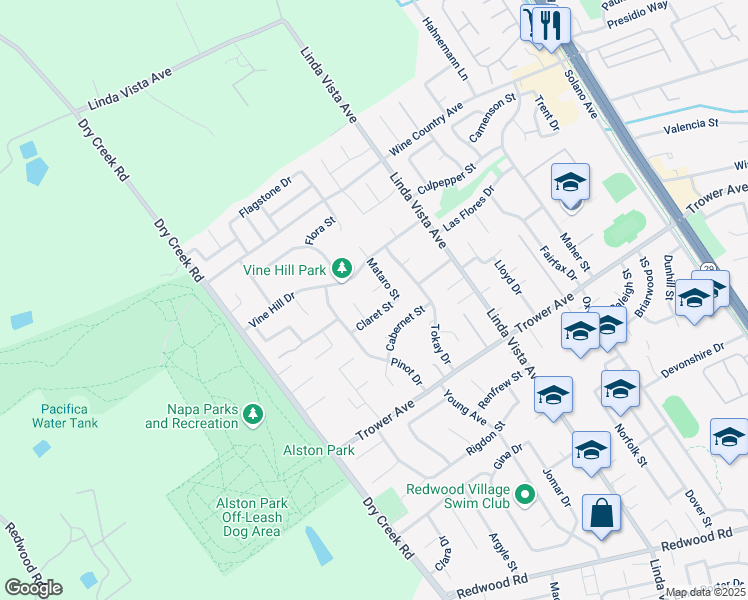 map of restaurants, bars, coffee shops, grocery stores, and more near 2472 Claret Court in Napa
