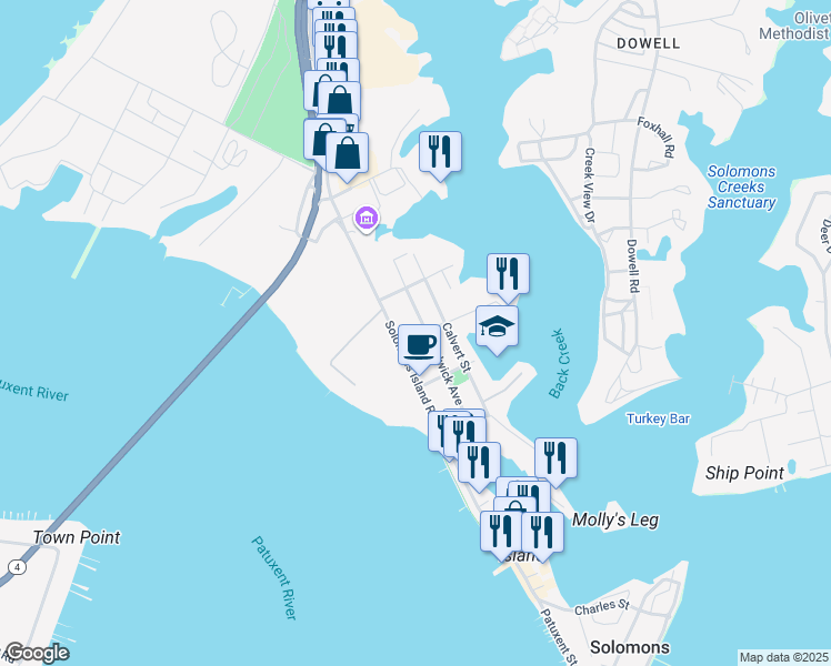 map of restaurants, bars, coffee shops, grocery stores, and more near 178 C Street in Solomons