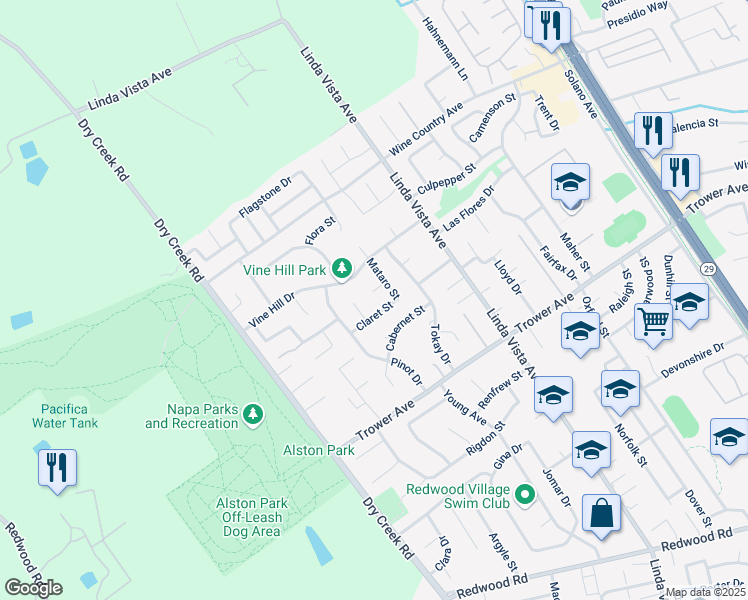 map of restaurants, bars, coffee shops, grocery stores, and more near 2472 Claret Court in Napa
