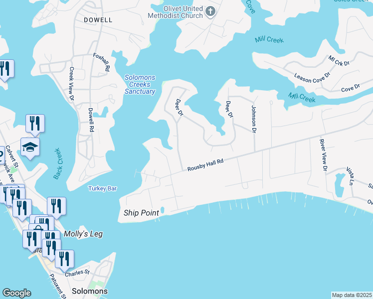 map of restaurants, bars, coffee shops, grocery stores, and more near 384 Deer Drive in Lusby