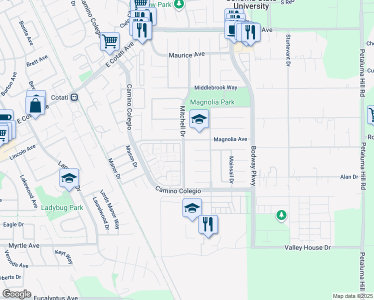 map of restaurants, bars, coffee shops, grocery stores, and more near 8008 Mitchell Drive in Rohnert Park