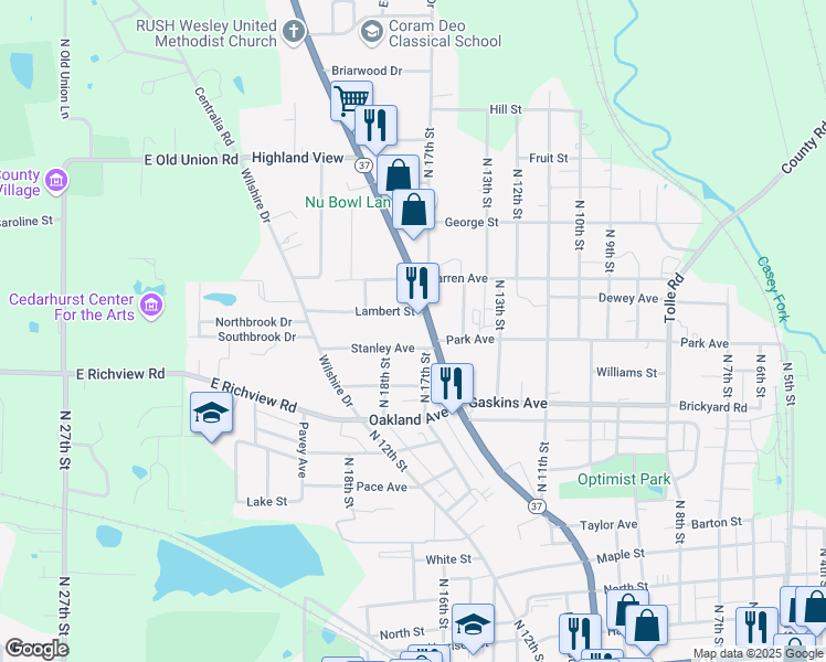 map of restaurants, bars, coffee shops, grocery stores, and more near 1107 Salem Road in Mount Vernon