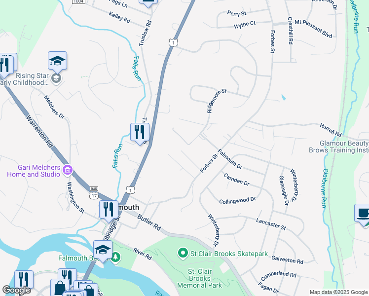 map of restaurants, bars, coffee shops, grocery stores, and more near 26 Lightning Maple Lane in Fredericksburg