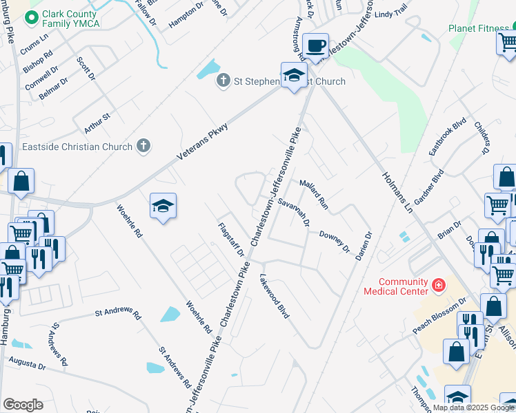 map of restaurants, bars, coffee shops, grocery stores, and more near 3697 Stonecreek Circle in Jeffersonville