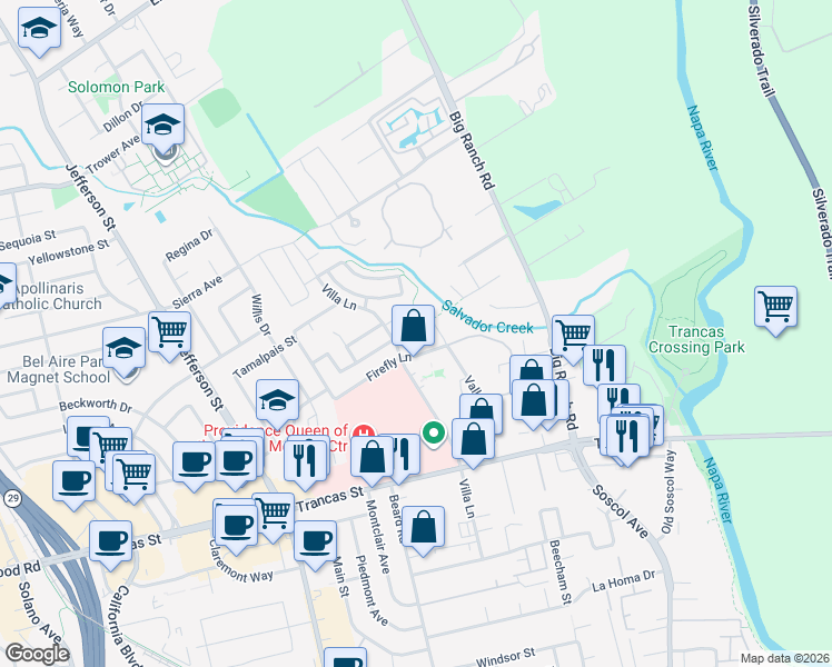 map of restaurants, bars, coffee shops, grocery stores, and more near 3550 Villa Lane in Napa