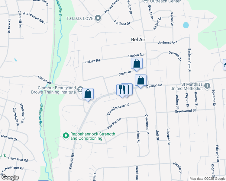 map of restaurants, bars, coffee shops, grocery stores, and more near 267 Deacon Road in Fredericksburg