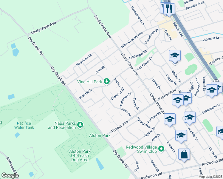 map of restaurants, bars, coffee shops, grocery stores, and more near 2472 Claret Ct in Napa