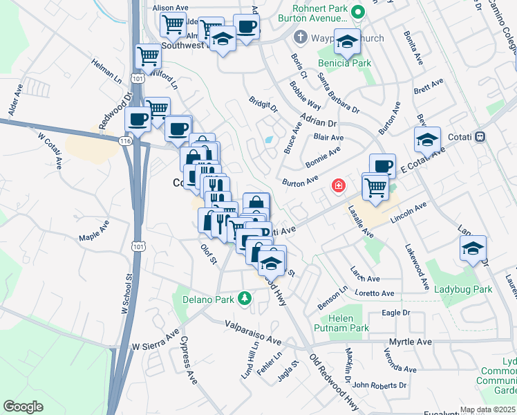 map of restaurants, bars, coffee shops, grocery stores, and more near 8159 Arthur Street in Cotati