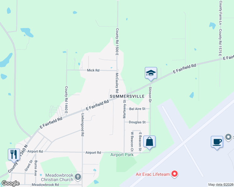 map of restaurants, bars, coffee shops, grocery stores, and more near 165 County Road 1500 East in Mount Vernon