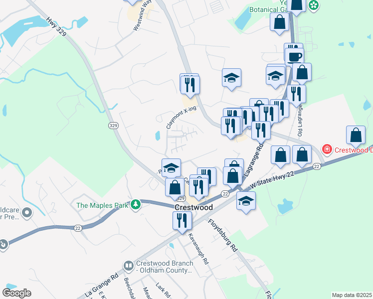map of restaurants, bars, coffee shops, grocery stores, and more near 6633 Williamsburg Court in Crestwood