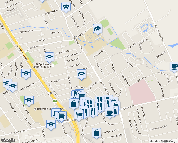 map of restaurants, bars, coffee shops, grocery stores, and more near 1384 Tallac Street in Napa