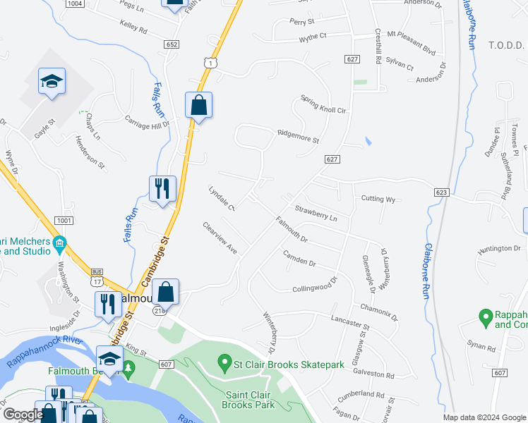 map of restaurants, bars, coffee shops, grocery stores, and more near 101 Falmouth Drive in Fredericksburg