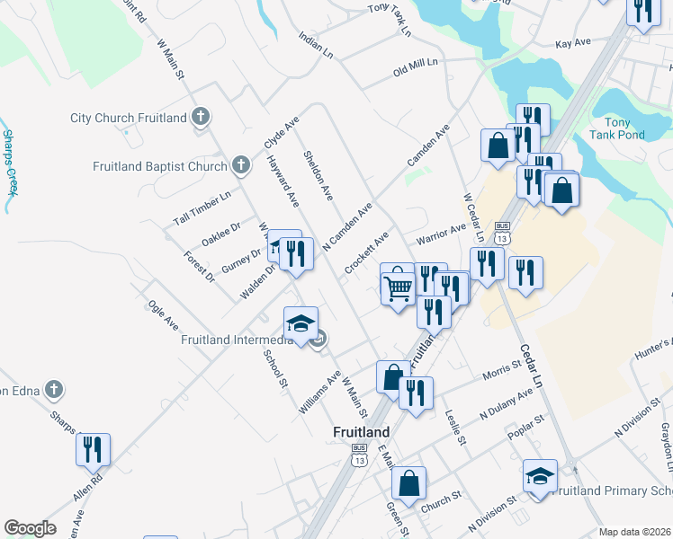 map of restaurants, bars, coffee shops, grocery stores, and more near 301 Hayward Avenue in Fruitland