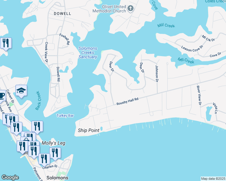 map of restaurants, bars, coffee shops, grocery stores, and more near 384 Deer Drive in Lusby