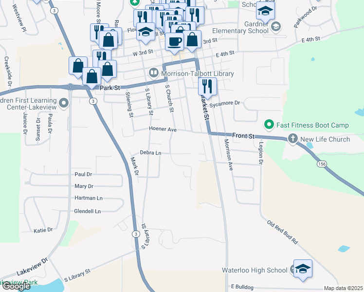 map of restaurants, bars, coffee shops, grocery stores, and more near 103 Debra Lane in Waterloo