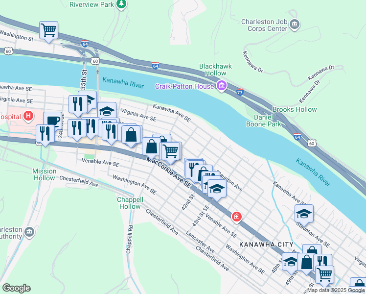 map of restaurants, bars, coffee shops, grocery stores, and more near 200 40th Street Southeast in Charleston