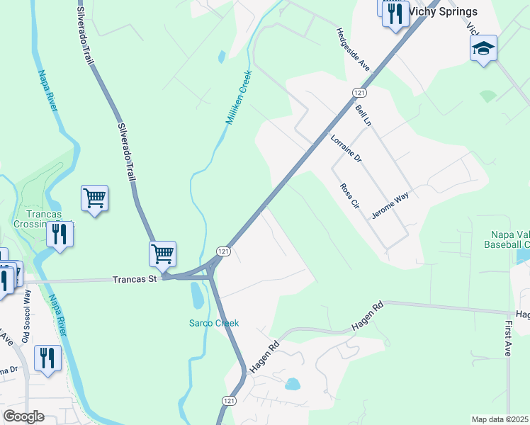 map of restaurants, bars, coffee shops, grocery stores, and more near 1002 Woodside Drive in Napa