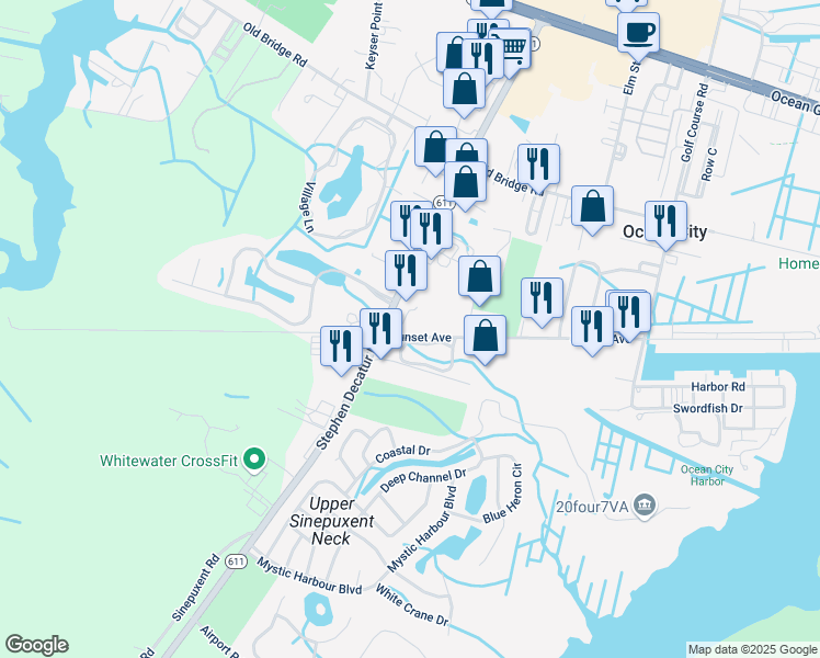 map of restaurants, bars, coffee shops, grocery stores, and more near 12507 Sunset Avenue in Ocean City