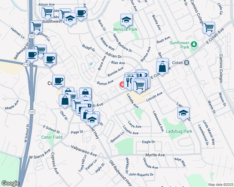map of restaurants, bars, coffee shops, grocery stores, and more near 315 East Cotati Avenue in Cotati