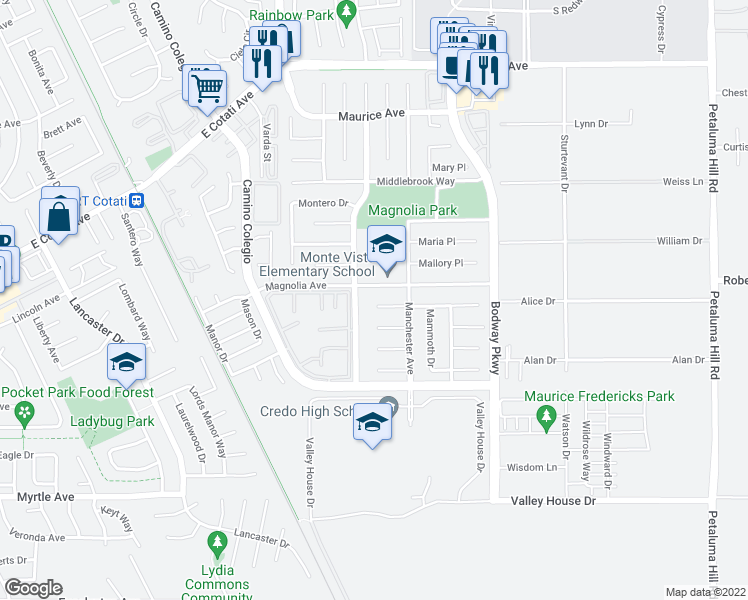 map of restaurants, bars, coffee shops, grocery stores, and more near 1408 Mathias Place in Rohnert Park