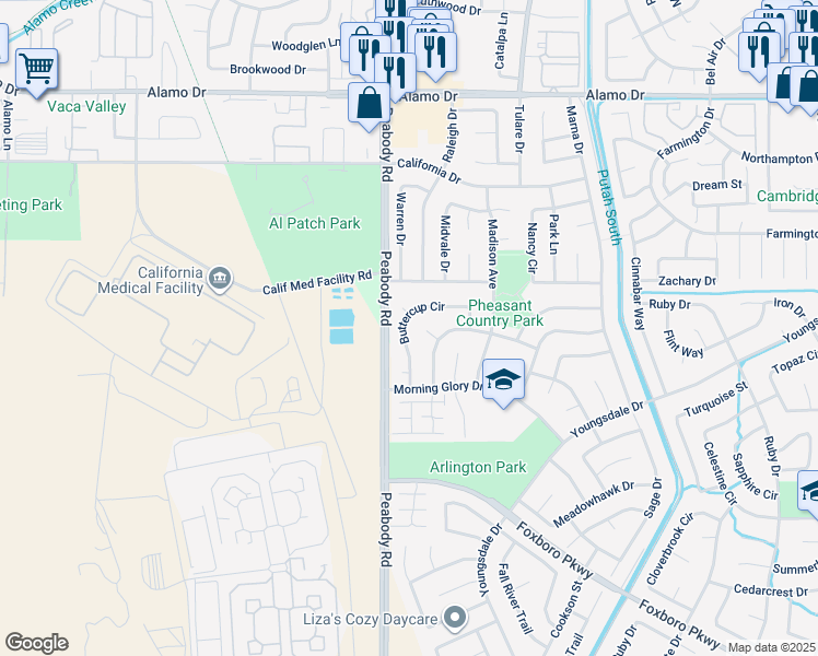 map of restaurants, bars, coffee shops, grocery stores, and more near 161 Buttercup Circle in Vacaville