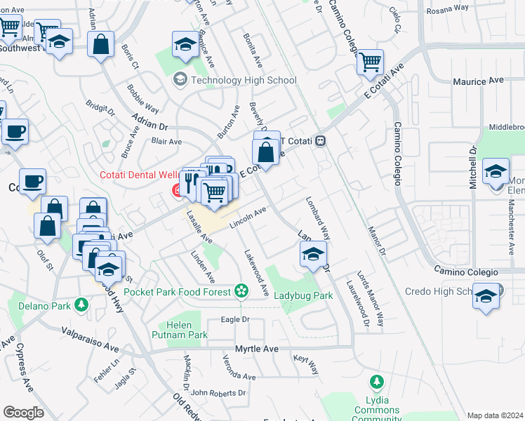 map of restaurants, bars, coffee shops, grocery stores, and more near 716 Lincoln Avenue in Rohnert Park