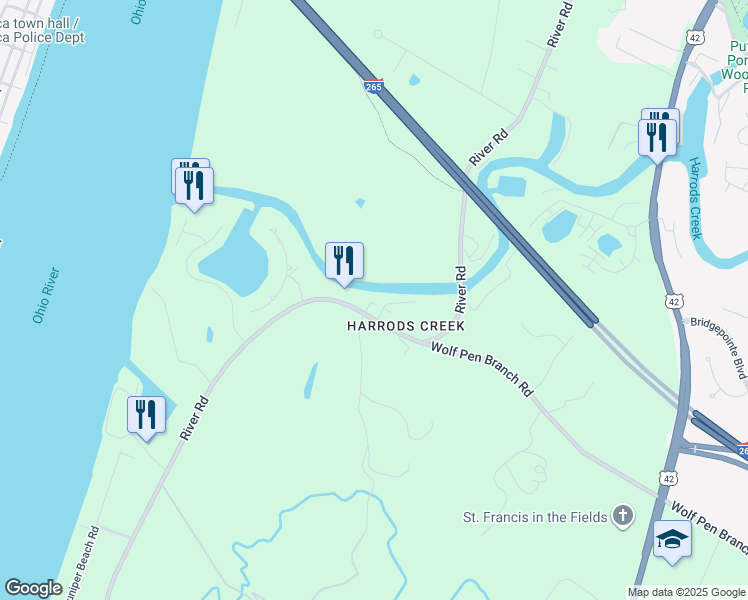 map of restaurants, bars, coffee shops, grocery stores, and more near 6325 River Road in Prospect