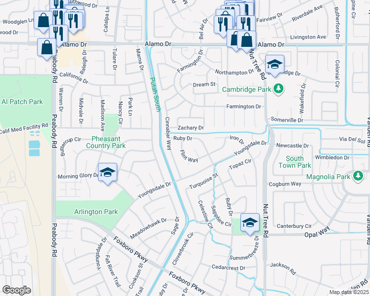 map of restaurants, bars, coffee shops, grocery stores, and more near 866 Flint Way in Vacaville