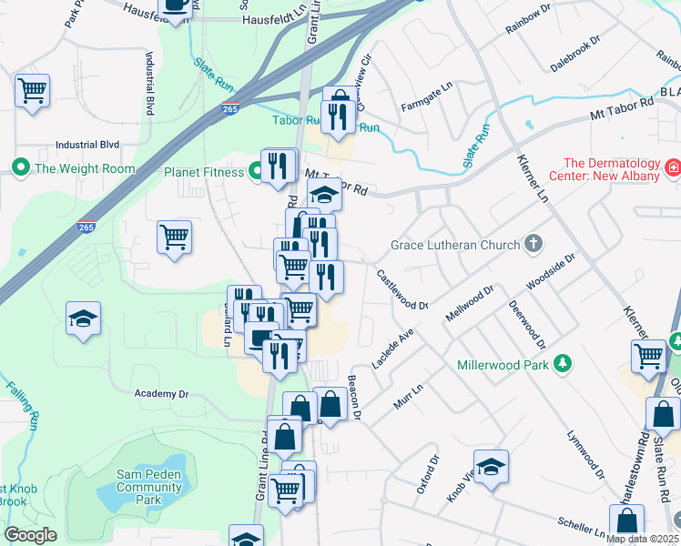 map of restaurants, bars, coffee shops, grocery stores, and more near 824 University Woods Drive in New Albany