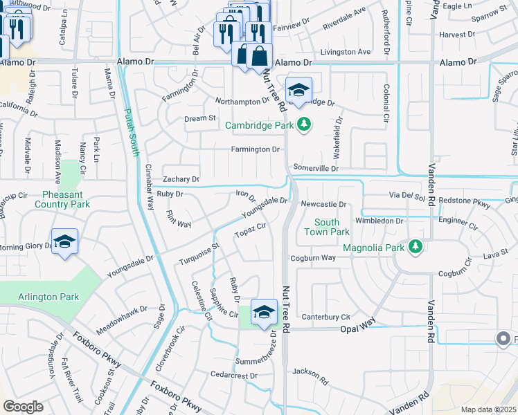 map of restaurants, bars, coffee shops, grocery stores, and more near Copper Way & Iron Dr in Vacaville