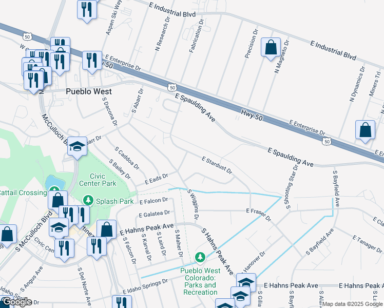 map of restaurants, bars, coffee shops, grocery stores, and more near 354 East Stardust Drive in Pueblo West
