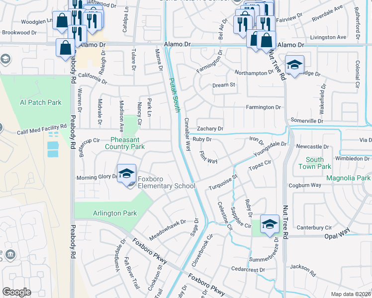 map of restaurants, bars, coffee shops, grocery stores, and more near 1066 Cinnabar Way in Vacaville