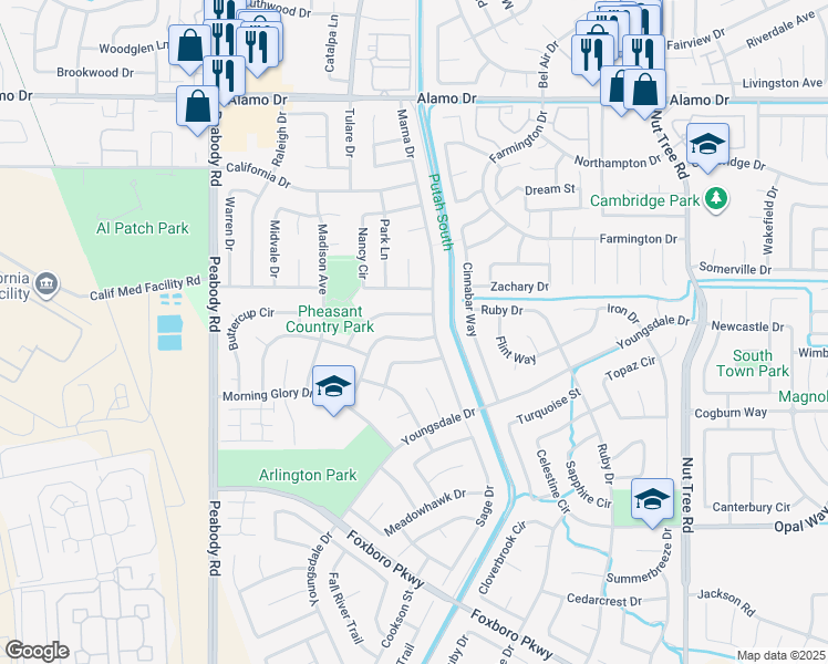 map of restaurants, bars, coffee shops, grocery stores, and more near 627 Countryside Drive in Vacaville