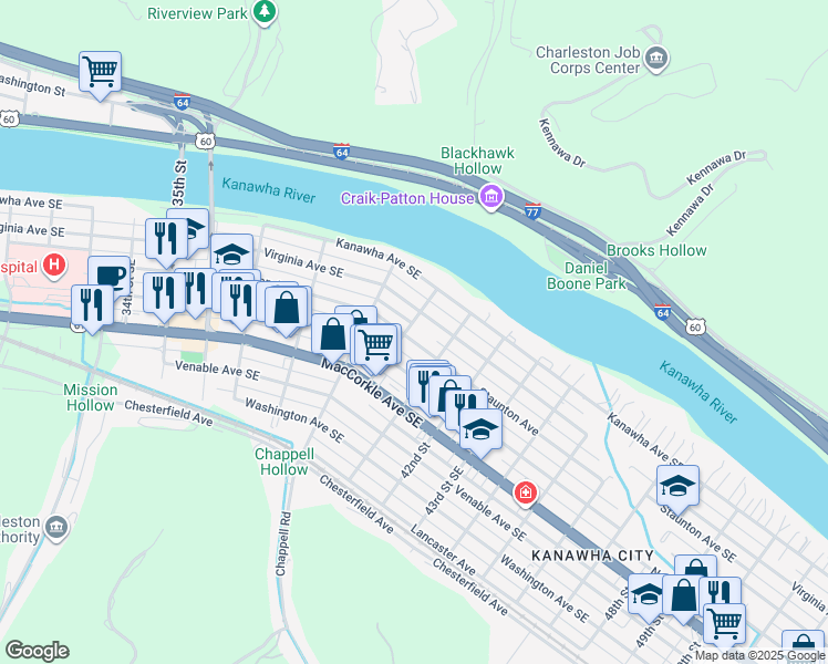 map of restaurants, bars, coffee shops, grocery stores, and more near 200-248 40th Street Southeast in Charleston