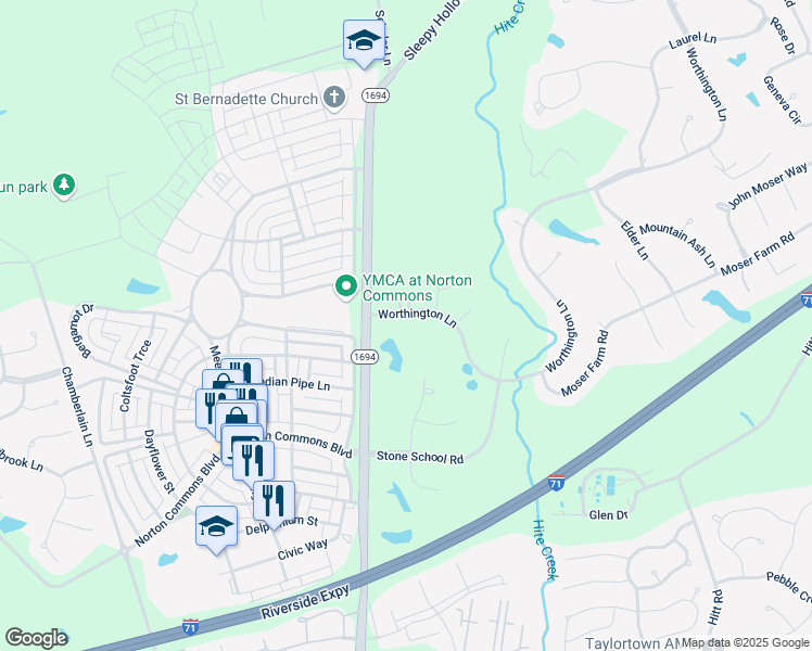 map of restaurants, bars, coffee shops, grocery stores, and more near 10206 Worthington Lane in Prospect
