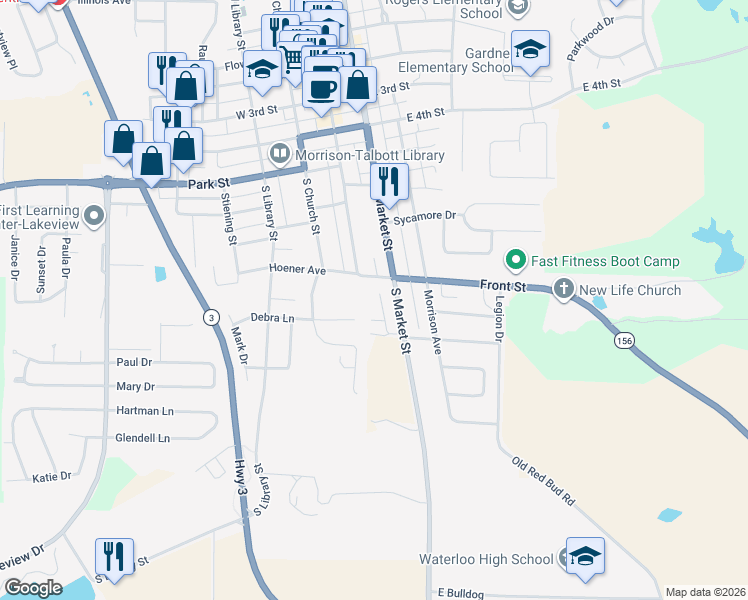 map of restaurants, bars, coffee shops, grocery stores, and more near 101 Hartmann Street in Waterloo