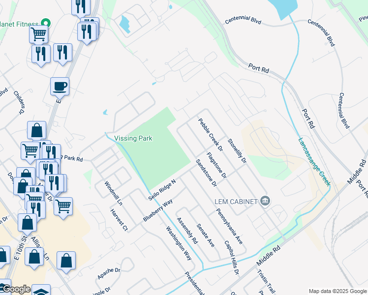 map of restaurants, bars, coffee shops, grocery stores, and more near 1210 Sandstone Drive in Jeffersonville