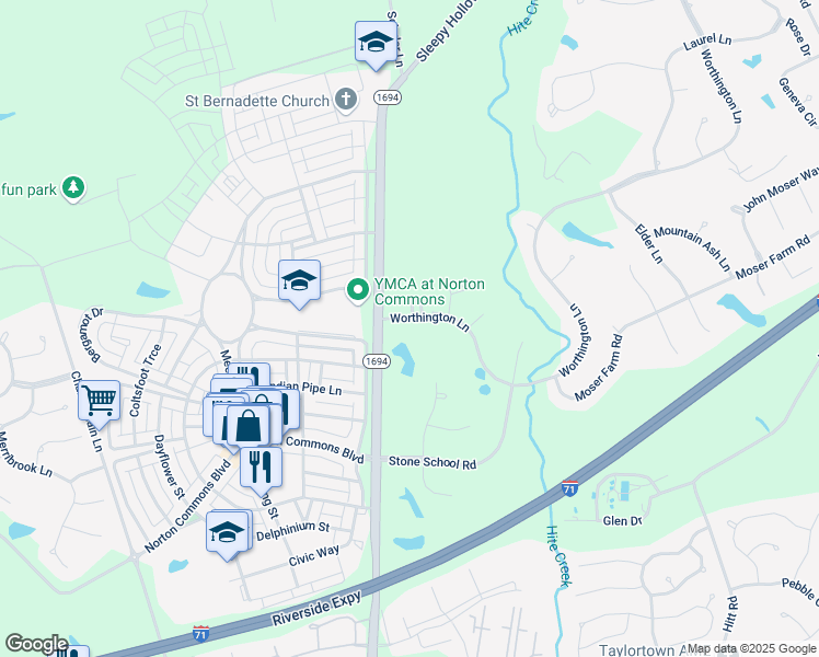 map of restaurants, bars, coffee shops, grocery stores, and more near 10206 Worthington Lane in Prospect